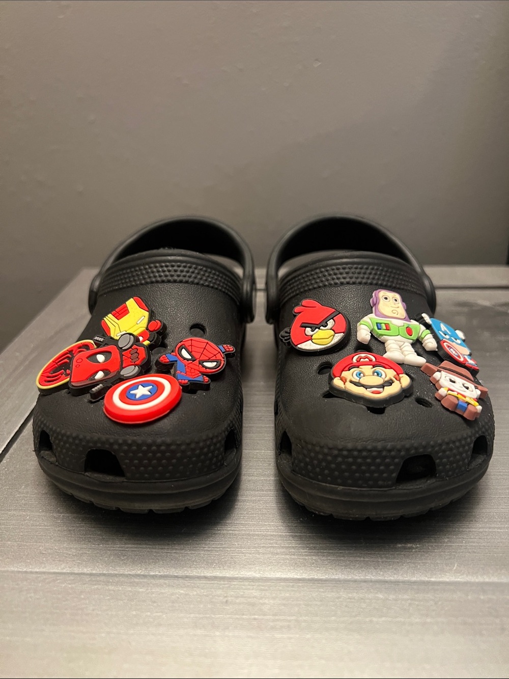Crocs Classic Clog, toddler size 9c. Black with charms - Picture 2 of 8